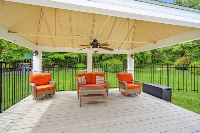 3 Sugar Maple Ct, Dix Hills, NY 11746 - deck featuring a ceiling fan, a fenced backyard, and an outdoor hangout area