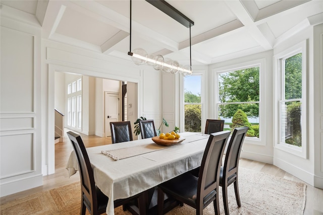 3 Sugar Maple Ct, Dix Hills, NY 11746 - dining space featuring coffered ceiling, a decorative wall, beamed ceiling, and light wood-style flooring