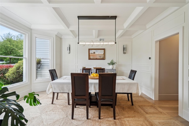 3 Sugar Maple Ct, Dix Hills, NY 11746 - dining space featuring a decorative wall, coffered ceiling, and beamed ceiling