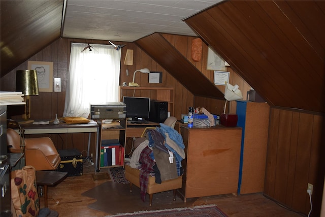 25 Alda Dr, Poughkeepsie, NY 12603 - bedroom featuring vaulted ceiling, wood finished floors, wooden walls, and a desk