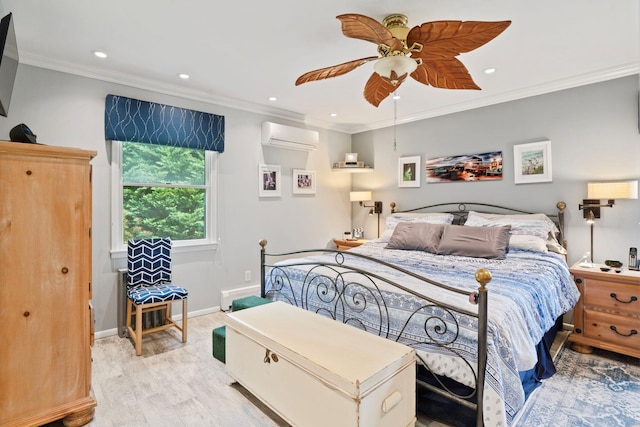 8 Jackson Ave, Hampton Bays, NY 11946 - bedroom with a wall unit AC, light wood-style floors, recessed lighting, crown molding, and baseboards