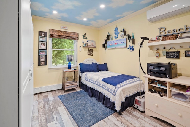 8 Jackson Ave, Hampton Bays, NY 11946 - bedroom with an AC wall unit, wood finished floors, ornamental molding, baseboards, and recessed lighting