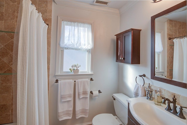 2 Goldwin St, Rye, NY 10580 - bathroom with toilet, vanity, a tile shower, and ornamental molding