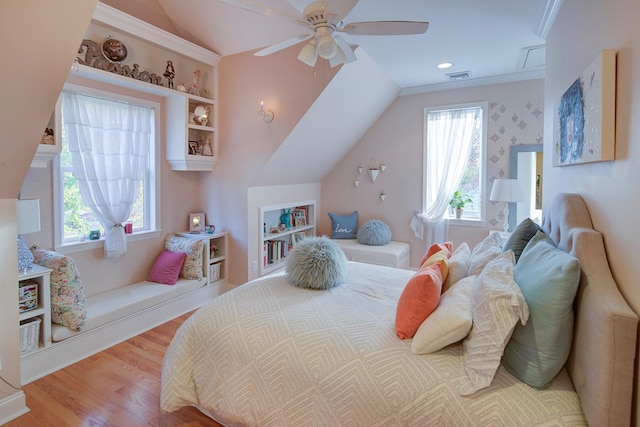 2 Goldwin St, Rye, NY 10580 - bedroom with multiple windows, vaulted ceiling, wood finished floors, ceiling fan, and recessed lighting