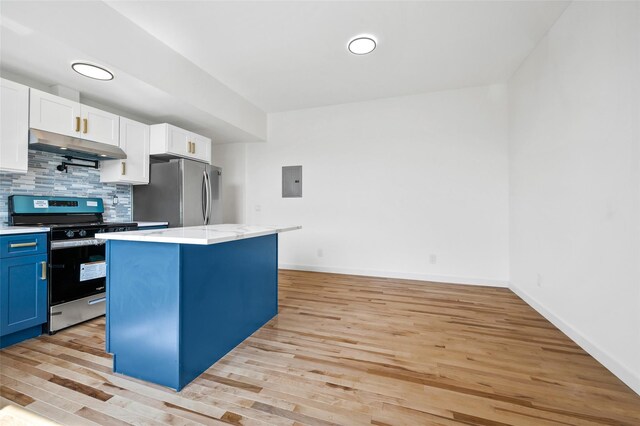 59-84 59th Pl, Maspeth, NY 11378 - kitchen with appliances with stainless steel finishes, under cabinet range hood, light wood-type flooring, tasteful backsplash, and electric panel