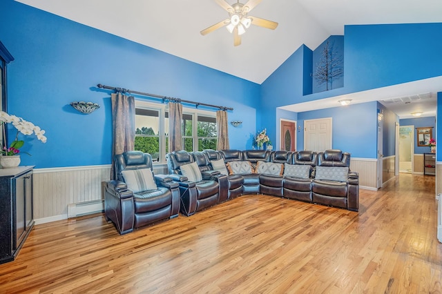 320 Williams Way S, Baiting Hollow, NY 11933 - living room with a wainscoted wall, a ceiling fan, light wood-style floors, a baseboard heating unit, and high vaulted ceiling