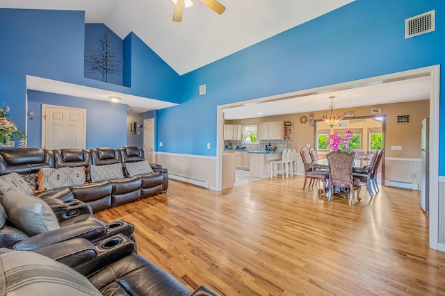 320 Williams Way S, Baiting Hollow, NY 11933 - living area featuring a baseboard heating unit, a baseboard radiator, a wainscoted wall, light wood-style floors, and high vaulted ceiling