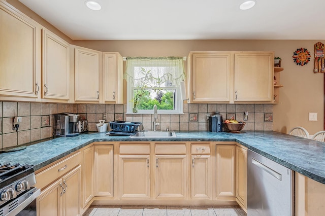 320 Williams Way S, Baiting Hollow, NY 11933 - kitchen with appliances with stainless steel finishes, a sink, tasteful backsplash, dark countertops, and recessed lighting