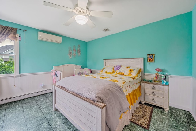 320 Williams Way S, Baiting Hollow, NY 11933 - bedroom featuring a wall mounted air conditioner, wainscoting, a baseboard heating unit, and ceiling fan
