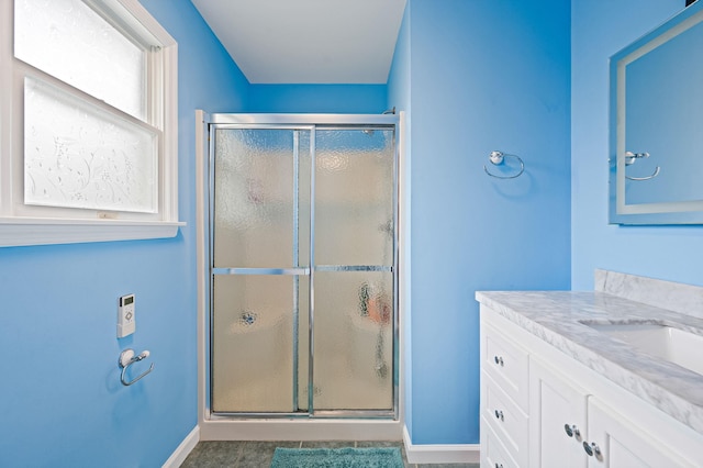 320 Williams Way S, Baiting Hollow, NY 11933 - bathroom with a stall shower, vanity, and baseboards