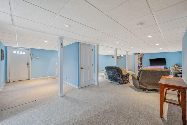 320 Williams Way S, Baiting Hollow, NY 11933 - living room with carpet floors, a drop ceiling, baseboards, and recessed lighting