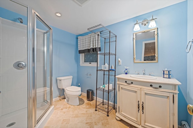 320 Williams Way S, Baiting Hollow, NY 11933 - full bath with a shower stall, toilet, a baseboard radiator, vanity, and baseboards