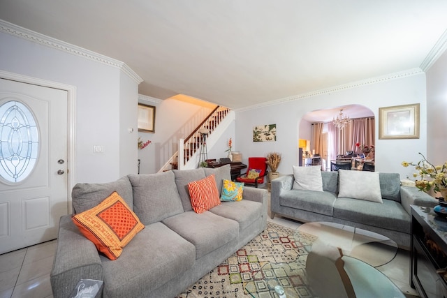 32-23 76th St, East Elmhurst, NY 11370 - living area featuring arched walkways, stairway, a chandelier, crown molding, and tile patterned floors
