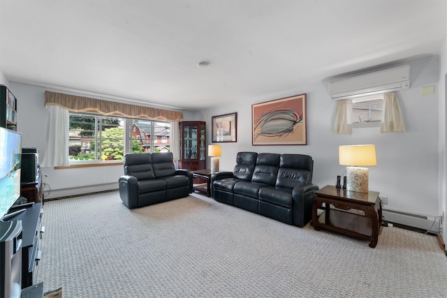 336 Mile Square Rd, Yonkers, NY 10701 - living room with a baseboard radiator, an AC wall unit, a baseboard heating unit, and carpet flooring