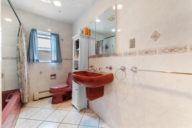 336 Mile Square Rd, Yonkers, NY 10701 - full bathroom featuring tile walls, baseboard heating, tile patterned flooring, toilet, and shower / bathtub combination with curtain