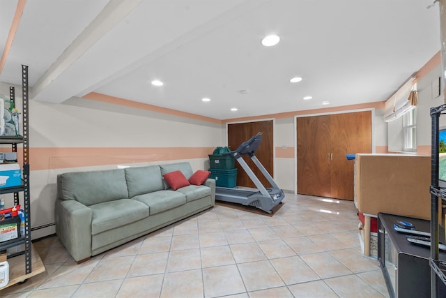 336 Mile Square Rd, Yonkers, NY 10701 - exercise area with recessed lighting, baseboard heating, and light tile patterned floors