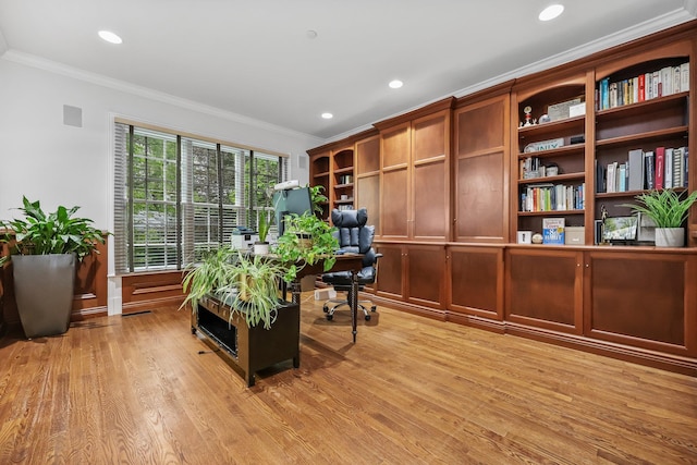 27 Olmsted Rd, Scarsdale, NY 10583 - home office featuring crown molding, light wood-style floors, and recessed lighting