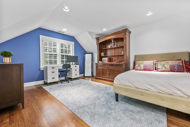 27 Olmsted Rd, Scarsdale, NY 10583 - bedroom featuring wood finished floors, a desk, vaulted ceiling, baseboards, and recessed lighting