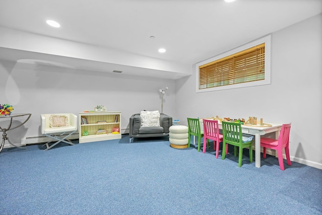 27 Olmsted Rd, Scarsdale, NY 10583 - game room with carpet, a baseboard radiator, recessed lighting, and baseboards