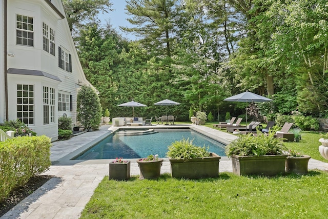27 Olmsted Rd, Scarsdale, NY 10583 - swimming pool featuring a patio and a lawn