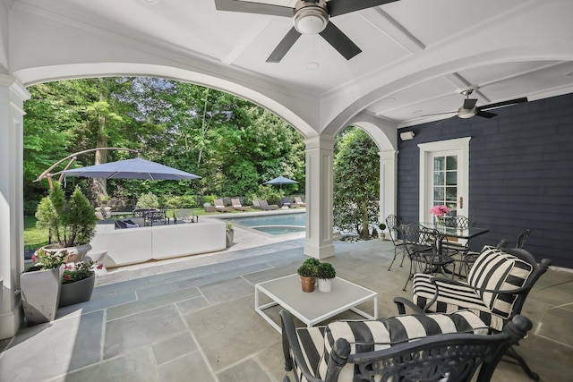 27 Olmsted Rd, Scarsdale, NY 10583 - view of patio featuring ceiling fan, outdoor dining area, and an outdoor pool