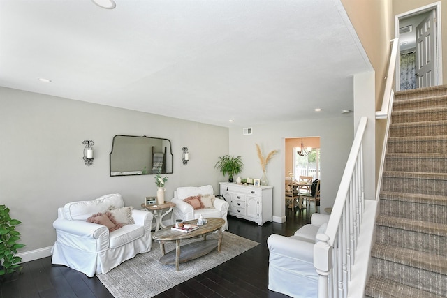 8 Thunder Rd, Miller Place, NY 11764 - living area featuring dark wood finished floors, stairs, a chandelier, baseboards, and recessed lighting