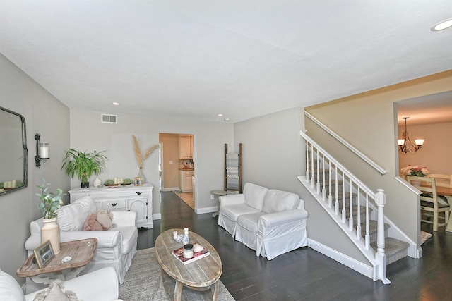 8 Thunder Rd, Miller Place, NY 11764 - living room featuring a chandelier, dark wood-type flooring, stairs, recessed lighting, and baseboards