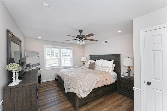8 Thunder Rd, Miller Place, NY 11764 - bedroom with dark wood-type flooring, baseboards, recessed lighting, and a ceiling fan