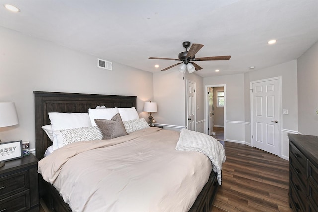 8 Thunder Rd, Miller Place, NY 11764 - bedroom featuring dark wood-style floors, recessed lighting, a ceiling fan, and baseboards