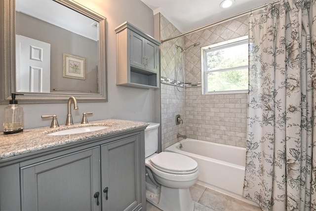 8 Thunder Rd, Miller Place, NY 11764 - full bath featuring vanity, shower / bathtub combination with curtain, toilet, and tile patterned floors
