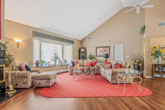 6 Ring Neck Ct, Wading River, NY 11792 - living room featuring high vaulted ceiling, wood finished floors, and ceiling fan
