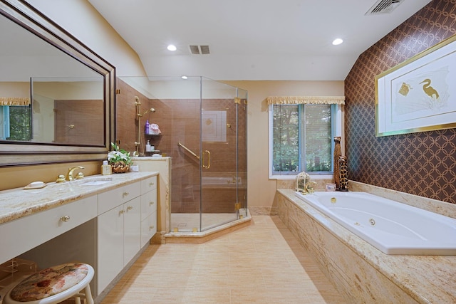 6 Ring Neck Ct, Wading River, NY 11792 - bathroom featuring a whirlpool tub, vanity, a shower stall, wallpapered walls, and recessed lighting