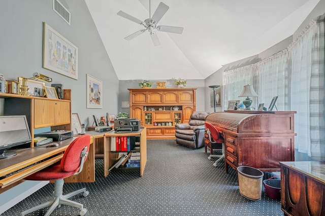 6 Ring Neck Ct, Wading River, NY 11792 - home office featuring carpet flooring, ceiling fan, and high vaulted ceiling