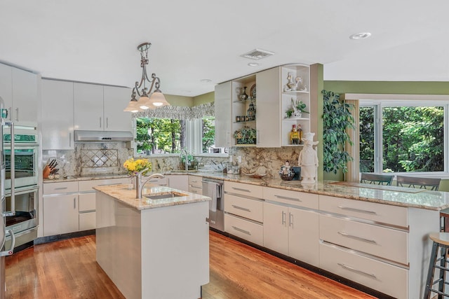 6 Ring Neck Ct, Wading River, NY 11792 - kitchen featuring tasteful backsplash, under cabinet range hood, open shelves, appliances with stainless steel finishes, and recessed lighting