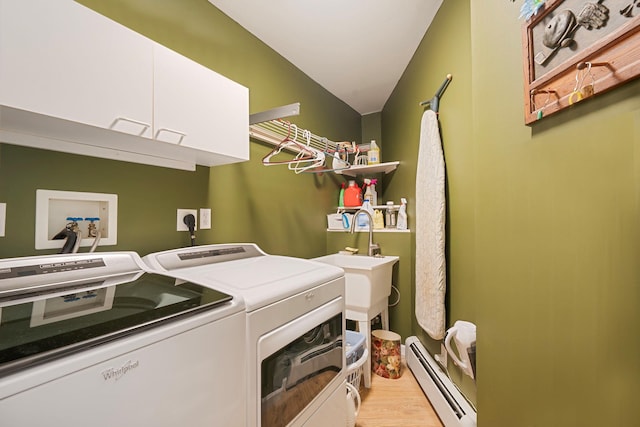 6 Ring Neck Ct, Wading River, NY 11792 - laundry area featuring a baseboard radiator, cabinet space, washer and clothes dryer, and light wood finished floors