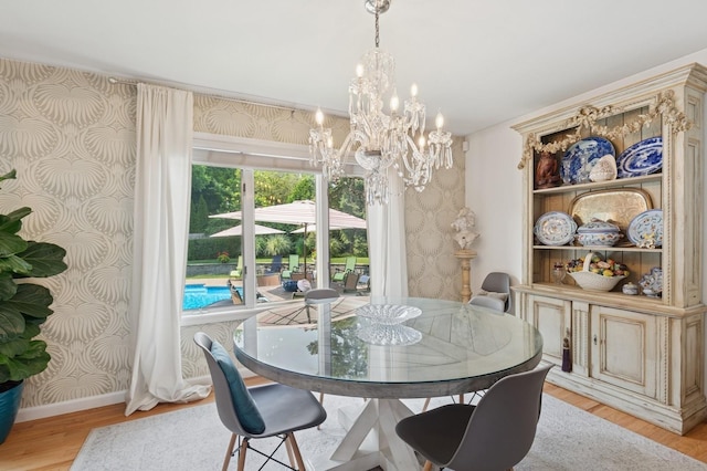 26405 Main Rd, Cutchogue, NY 11935 - dining space with wallpapered walls, wood finished floors, and a chandelier