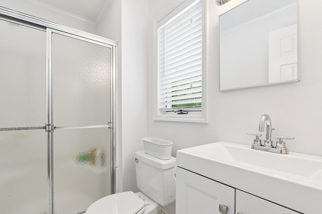 26405 Main Rd, Cutchogue, NY 11935 - bathroom featuring a shower stall, vanity, and crown molding