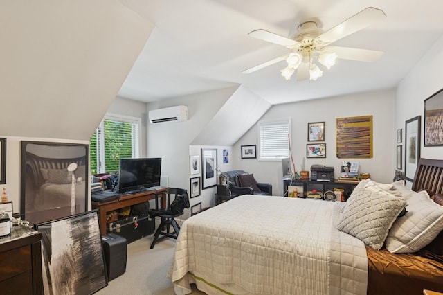 26405 Main Rd, Cutchogue, NY 11935 - bedroom featuring a wall mounted AC, lofted ceiling, light carpet, a ceiling fan, and an office area