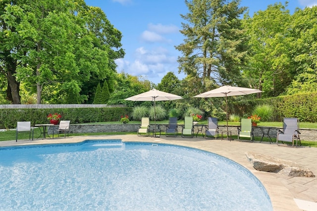 26405 Main Rd, Cutchogue, NY 11935 - view of pool with a fenced backyard and a patio area