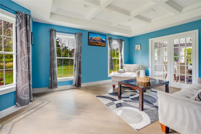 226 Windsor Rd, Fishkill, NY 12524 - living area with coffered ceiling, beamed ceiling, wood finished floors, french doors, and crown molding