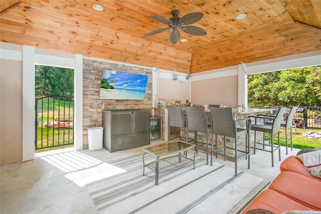 226 Windsor Rd, Fishkill, NY 12524 - living area featuring wood ceiling, a ceiling fan, vaulted ceiling, and recessed lighting