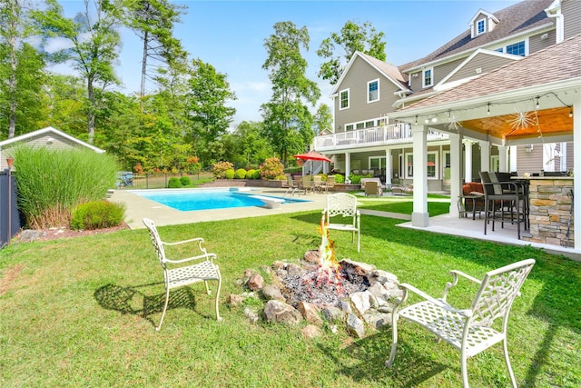 226 Windsor Rd, Fishkill, NY 12524 - view of yard with a fire pit, an outdoor pool, a ceiling fan, and a patio area