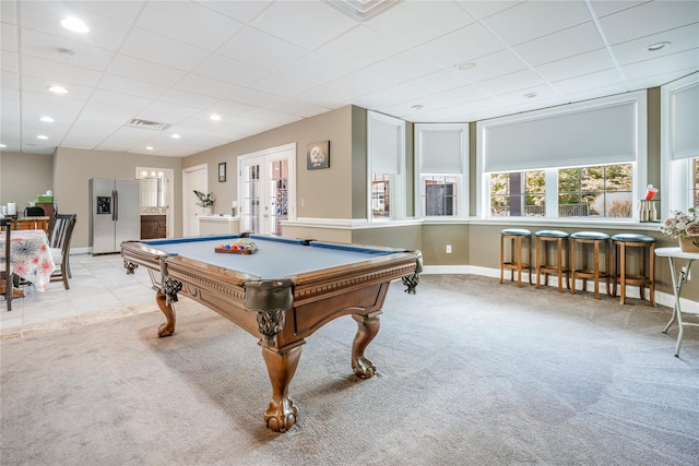 226 Windsor Rd, Fishkill, NY 12524 - playroom featuring light carpet, a paneled ceiling, billiards table, french doors, and recessed lighting