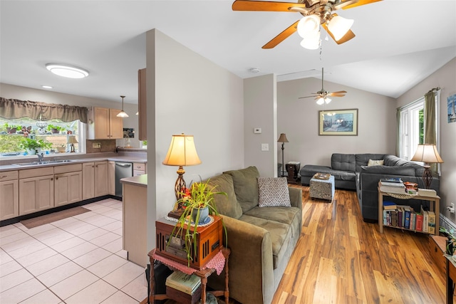2410 Bruynswick Rd, Wallkill, NY 12589 - living room with a ceiling fan and vaulted ceiling