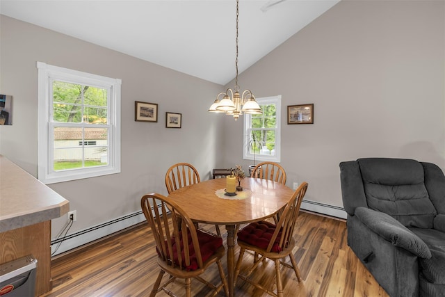 2410 Bruynswick Rd, Wallkill, NY 12589 - dining room featuring a baseboard heating unit, a chandelier, lofted ceiling, and plenty of natural light