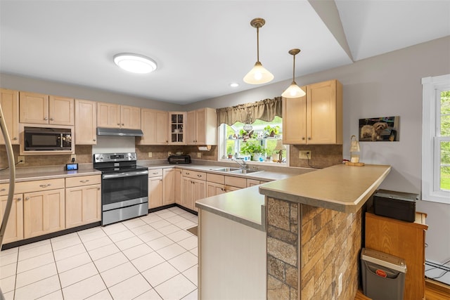 2410 Bruynswick Rd, Wallkill, NY 12589 - kitchen featuring light brown cabinetry, stainless steel range with electric stovetop, under cabinet range hood, black microwave, and a peninsula