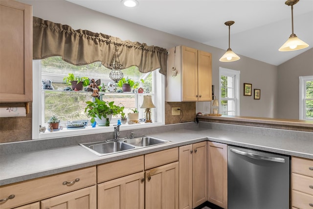 2410 Bruynswick Rd, Wallkill, NY 12589 - kitchen featuring dishwasher, a sink, light brown cabinetry, vaulted ceiling, and pendant lighting