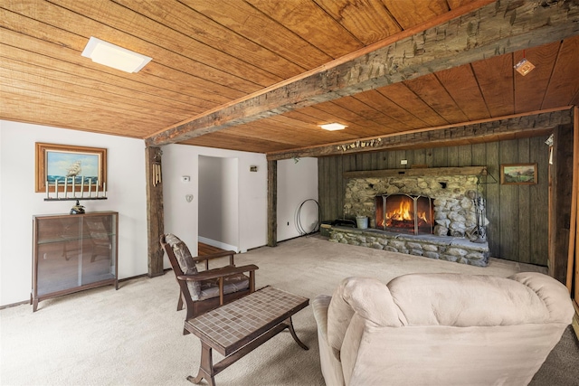 2410 Bruynswick Rd, Wallkill, NY 12589 - carpeted living room featuring wooden ceiling, a fireplace, and baseboards