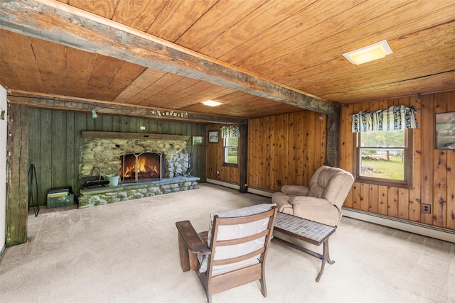 2410 Bruynswick Rd, Wallkill, NY 12589 - living room featuring wooden ceiling, wood walls, baseboard heating, carpet, and plenty of natural light