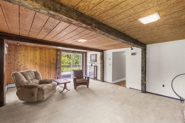 2410 Bruynswick Rd, Wallkill, NY 12589 - sitting room featuring carpet flooring, wooden ceiling with exposed beams, baseboards, and baseboard heating